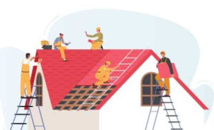 A drawing of service workers performing roof repair in Aurora, IL.
